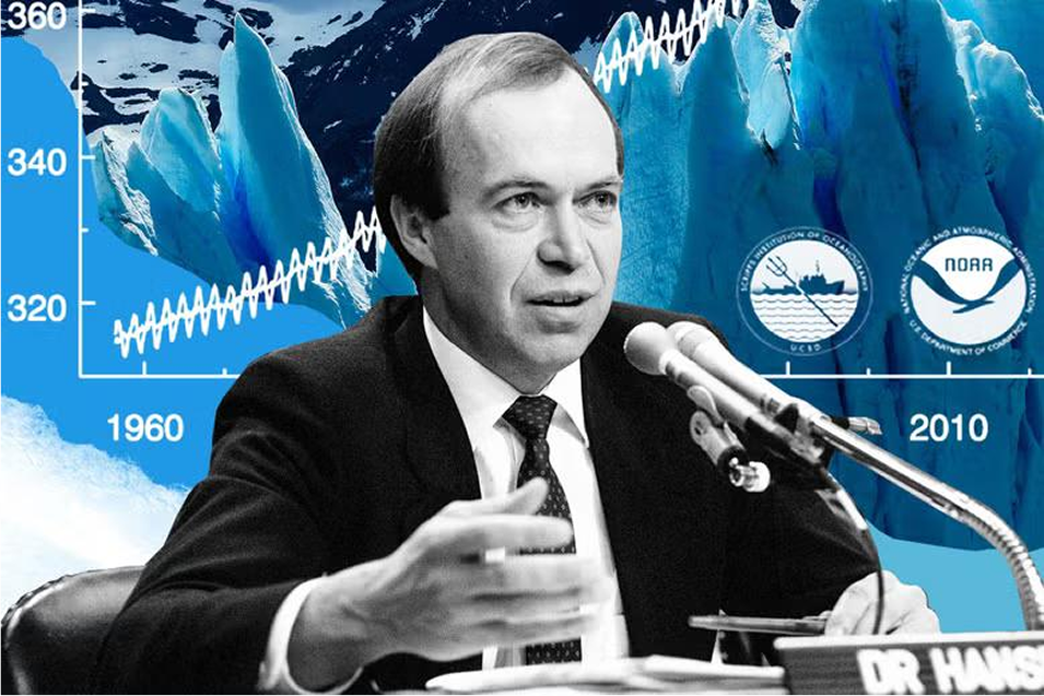James Hansen, director of NASA’s Goddard Institute for Space Studies in New York, testifies before Congress in 1989. Photo illustration by Lisa Larson-Walker. Photo by Dennis Cook/AP Images and Mario Tama/Getty Images.